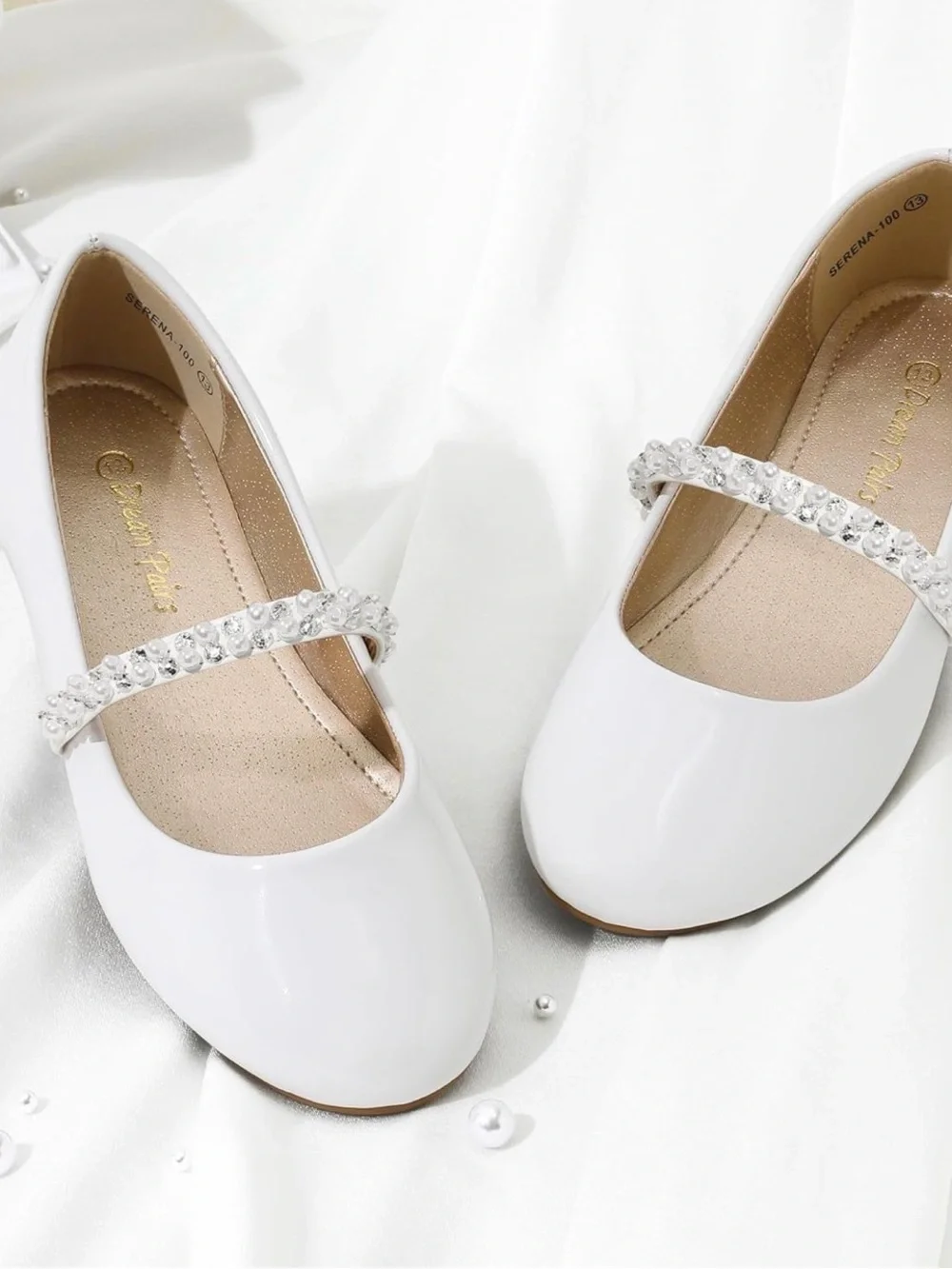 Girls White Mary Jane Flats with Crystal Strap